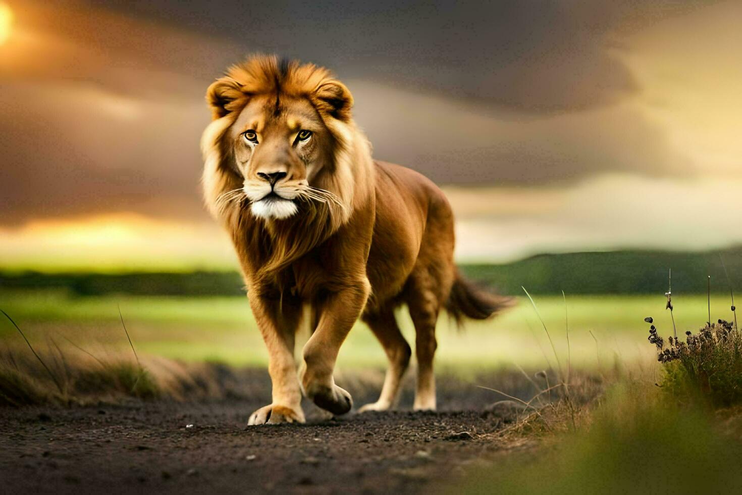 a lion walking on a dirt road in the middle of a field. AI-Generated photo