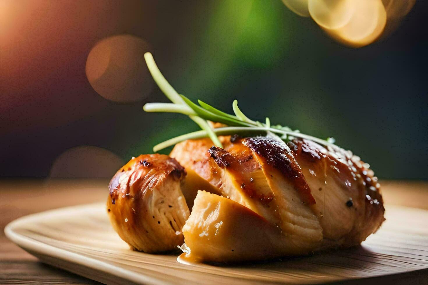 grilled chicken on a wooden plate. AI-Generated photo