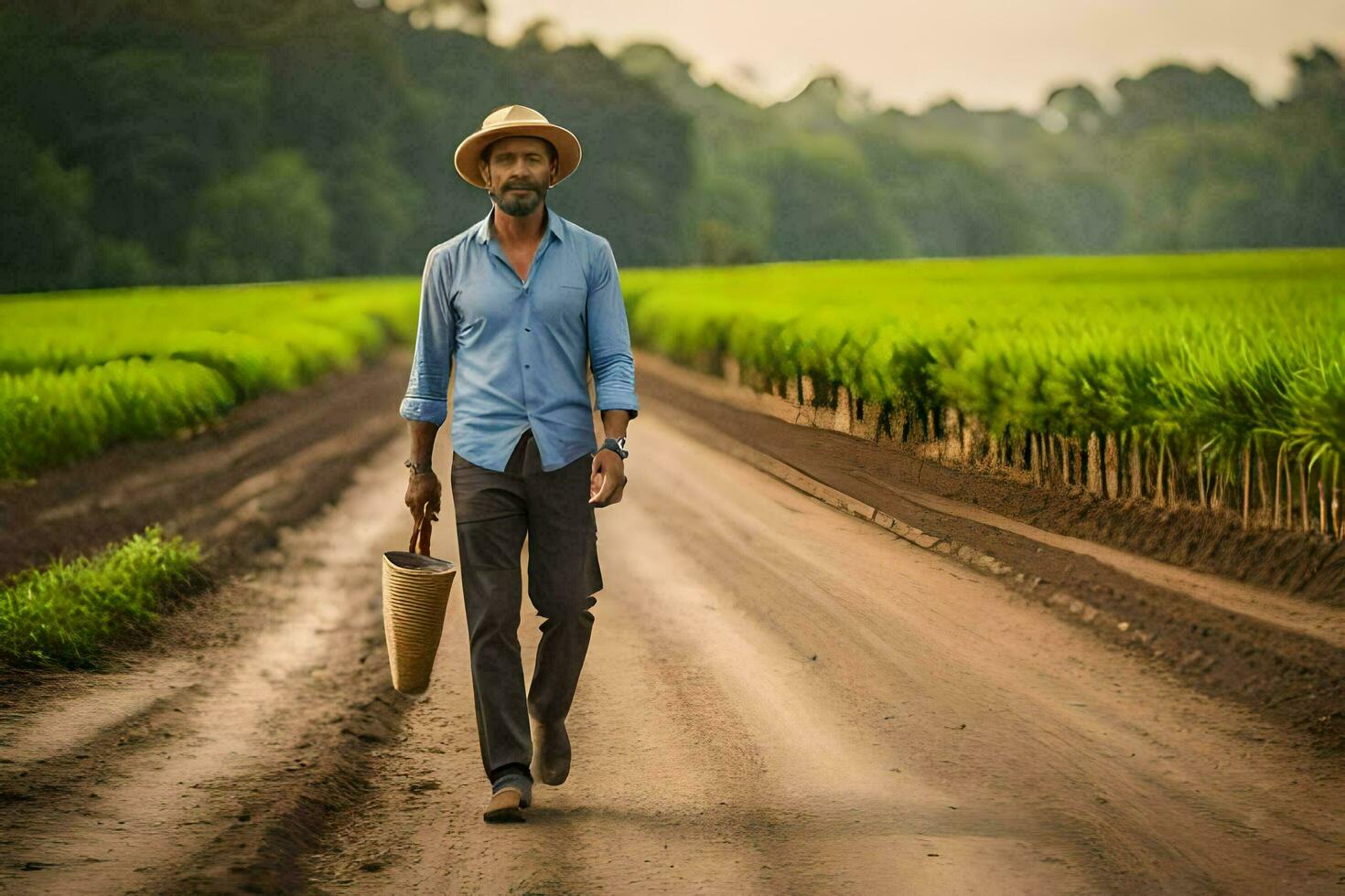 un hombre caminando abajo un suciedad la carretera con un cesta en su atrás. generado por ai foto