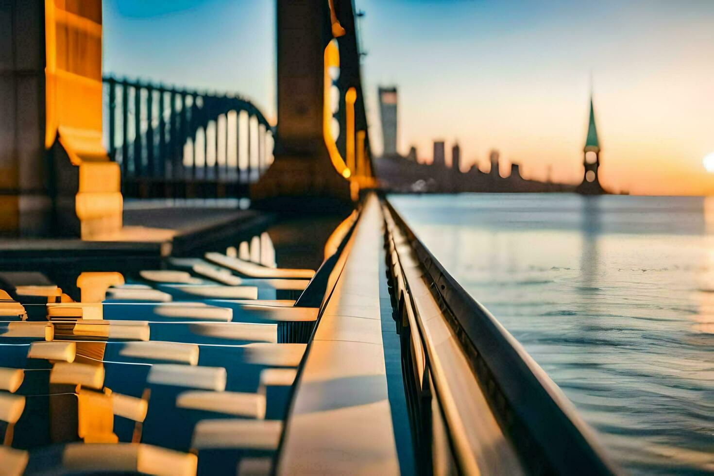 the sunset is reflected in the water and the bridge is in the background. AI-Generated photo