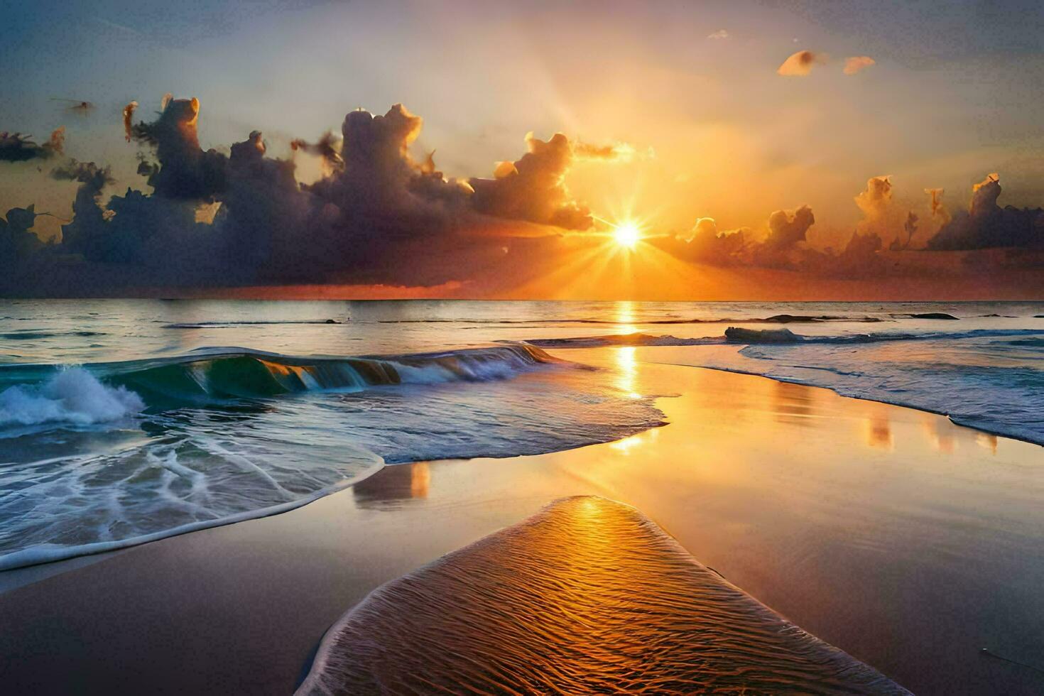 the sun rises over the ocean and waves on the beach. AI-Generated photo