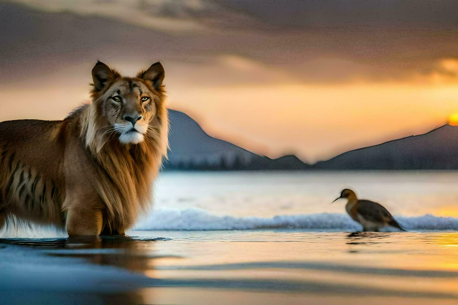 a lion and a bird standing in the water at sunset. AI-Generated photo