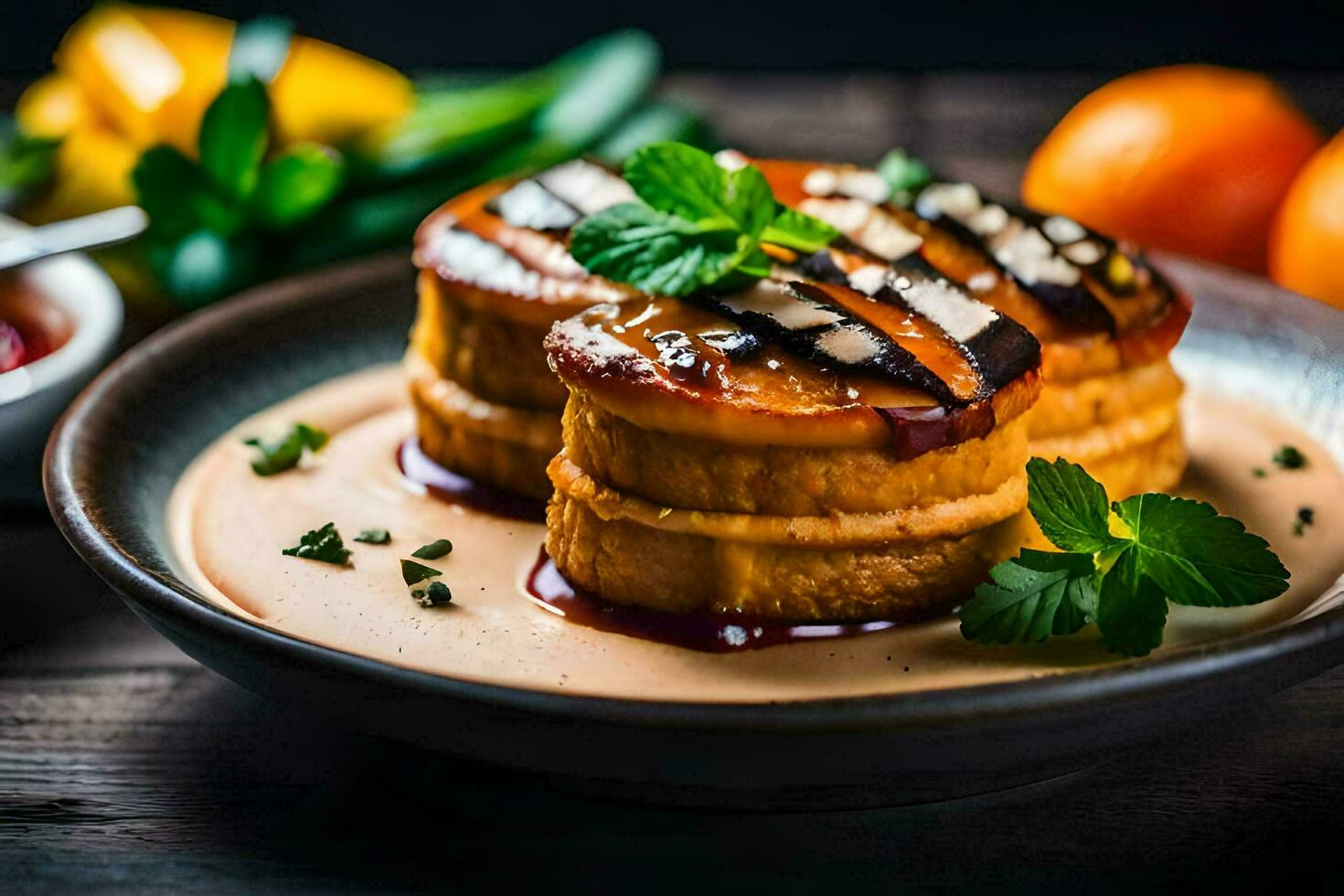 a plate of food with a dessert on it. AI-Generated photo