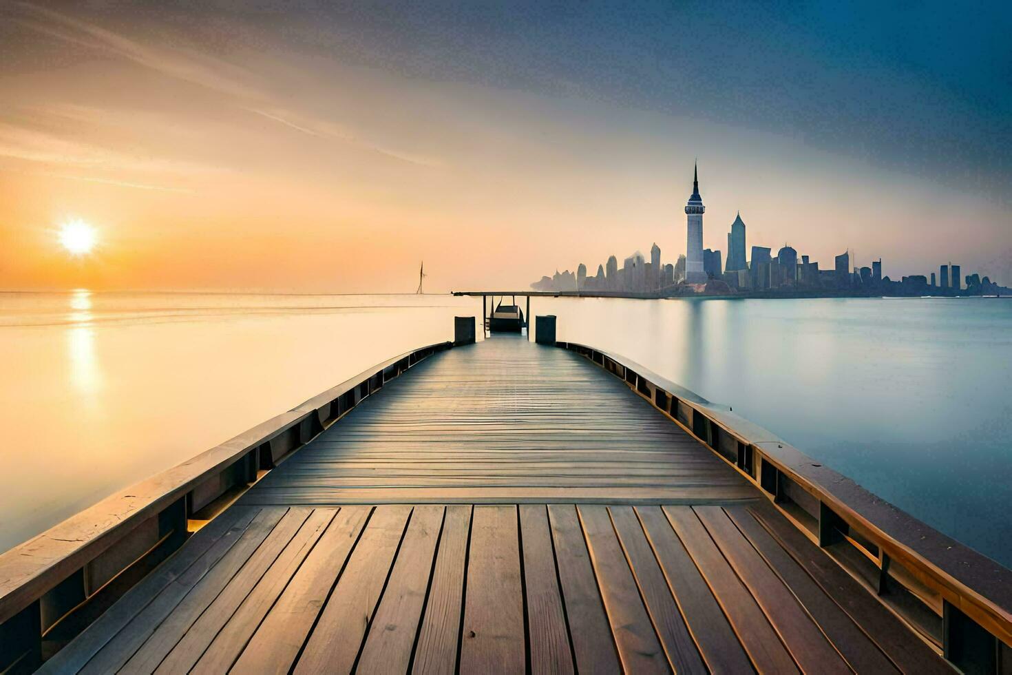 a pier leads to a city skyline at sunrise. AI-Generated photo