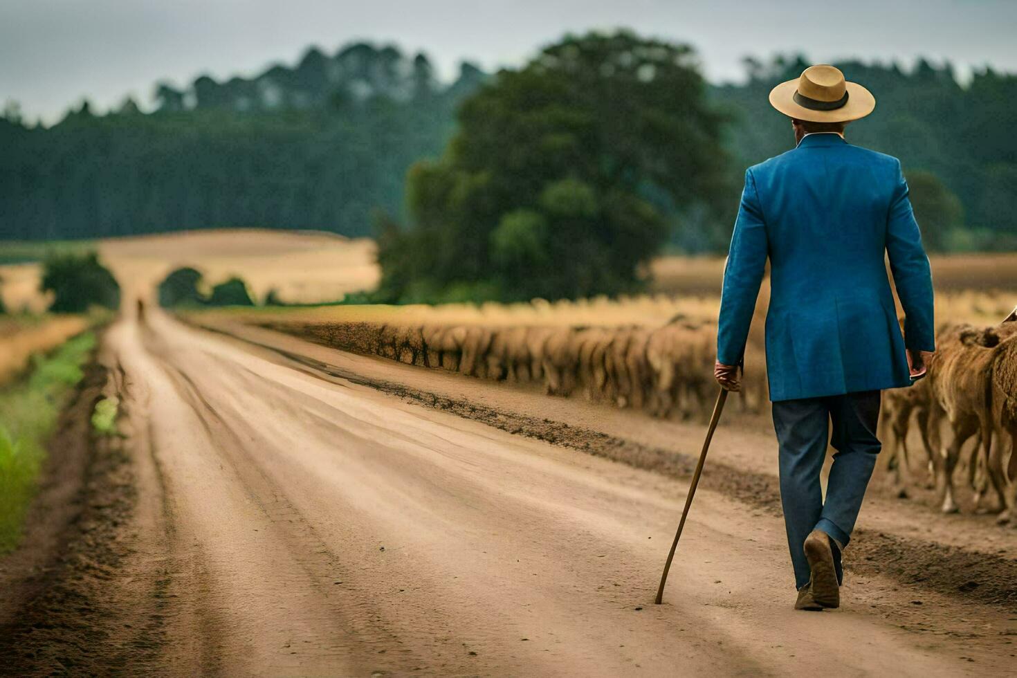 a man in a blue suit walks down a dirt road with sheep. AI-Generated photo