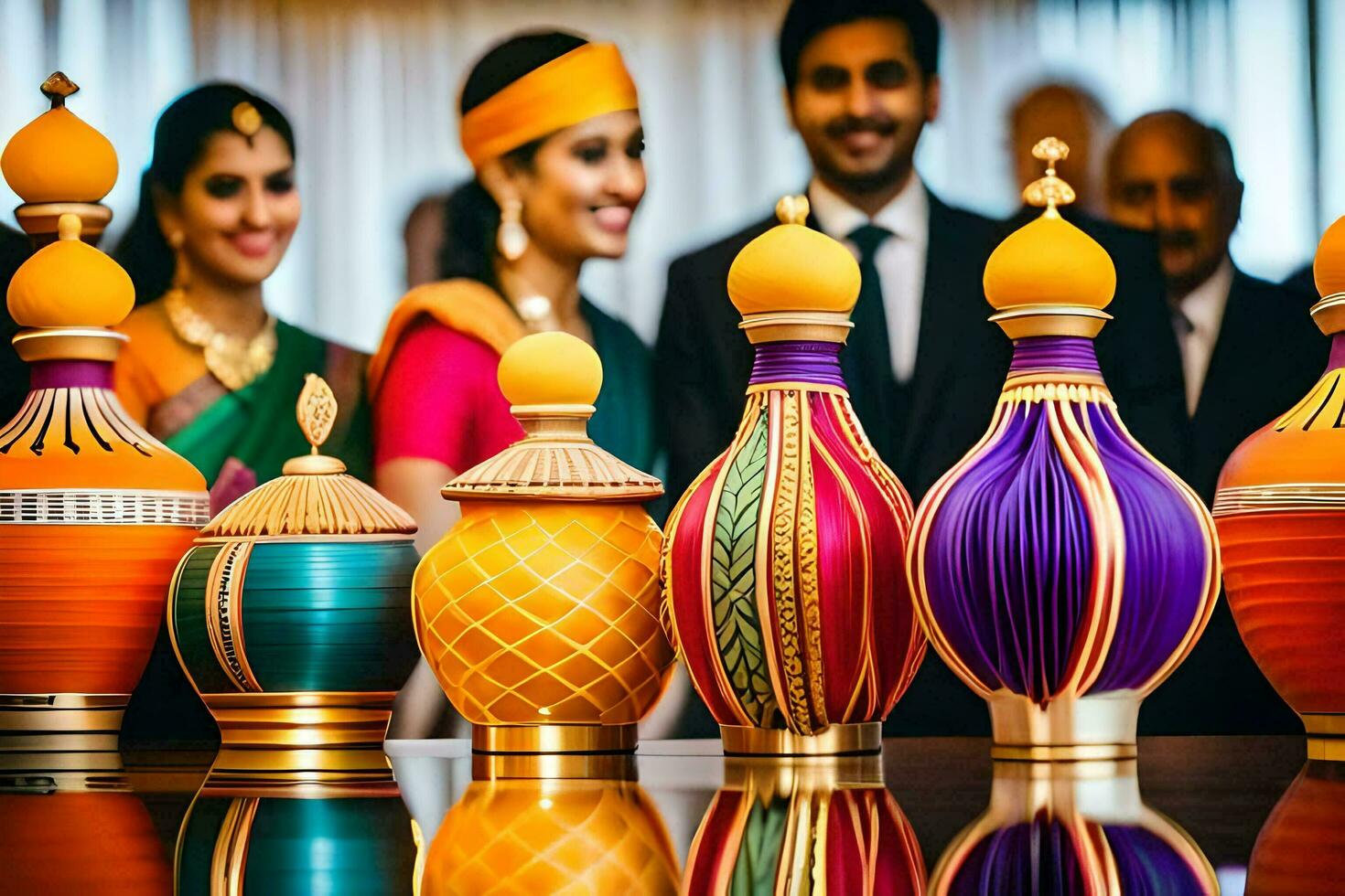 a group of people in traditional indian clothing standing next to colorful vases. AI-Generated photo