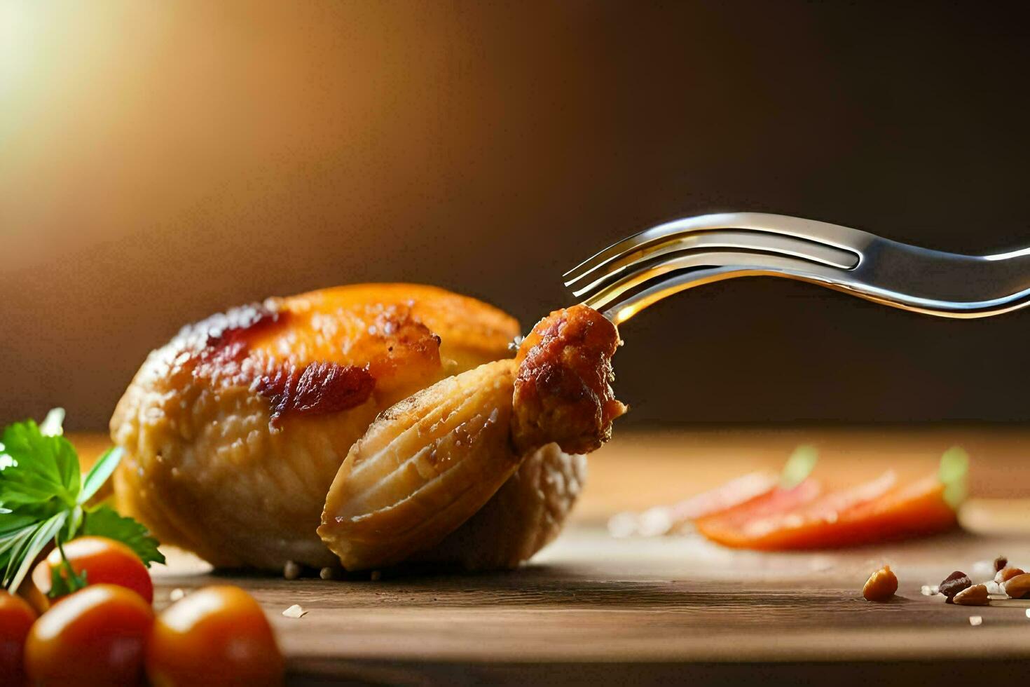 a fork is being used to cut into a chicken. AI-Generated photo