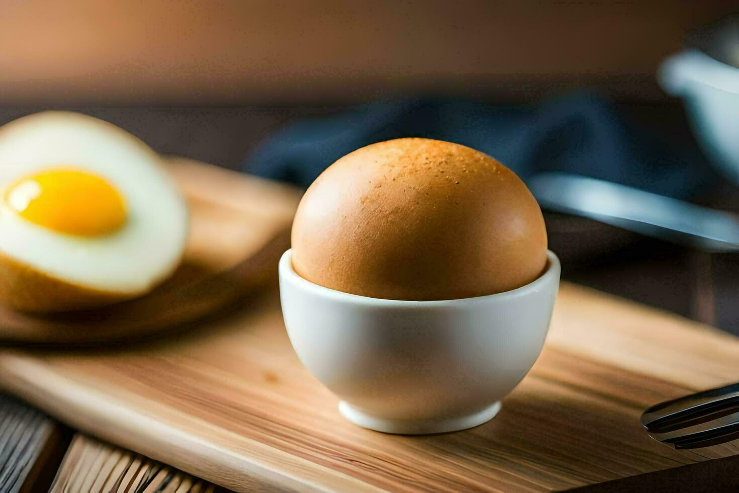 an egg in a cup on a cutting board. AI-Generated photo