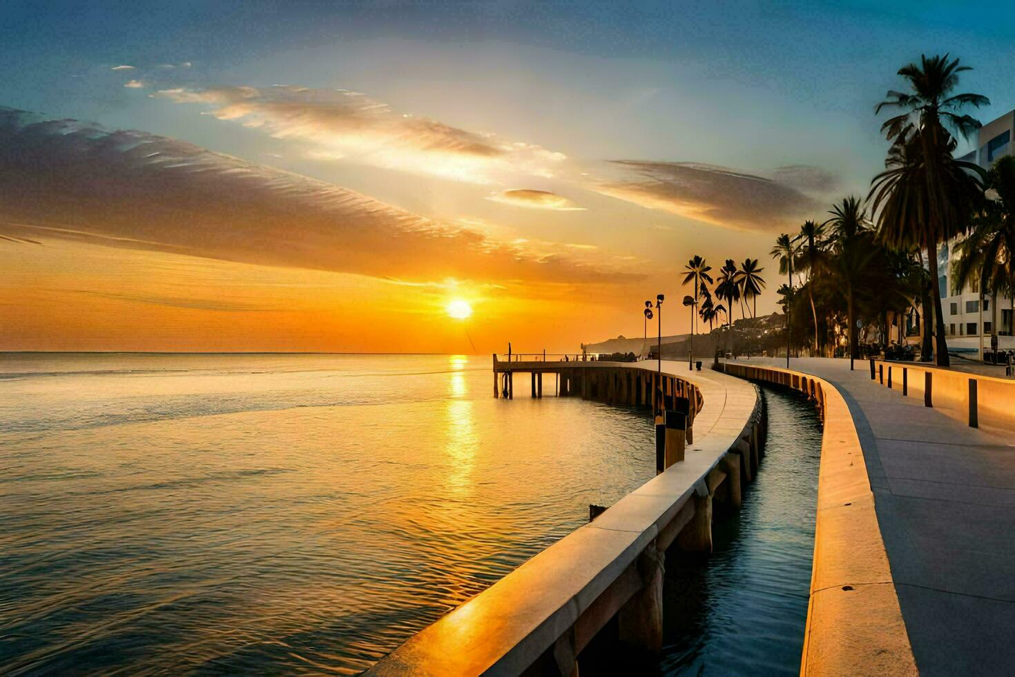 the sun sets over the ocean and a pier. AI-Generated photo