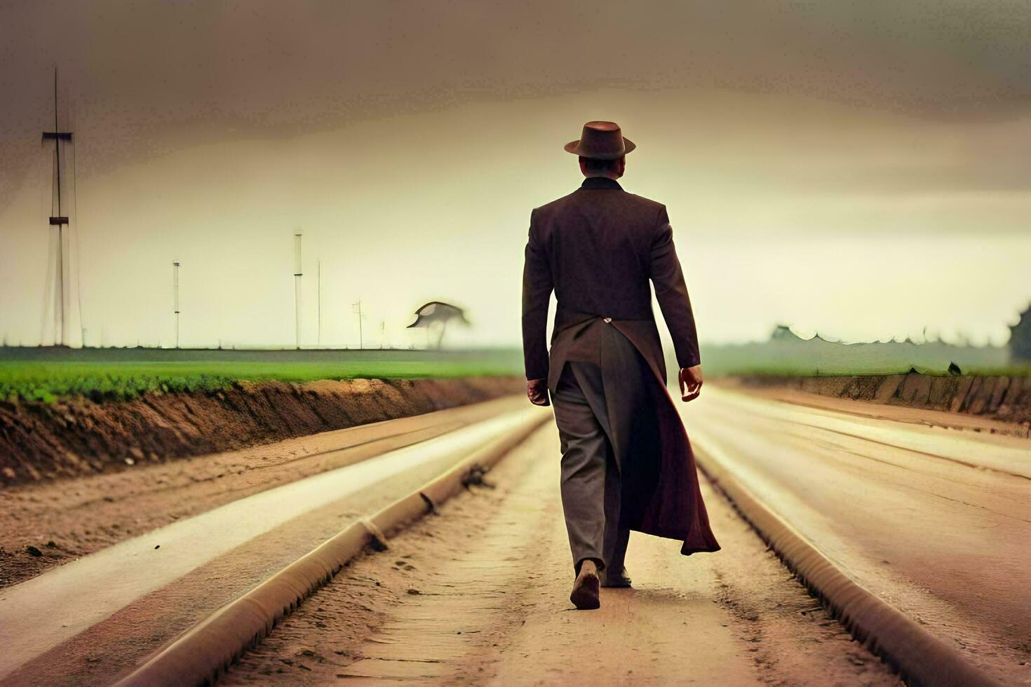 a man in a hat and coat walks down a dirt road. AI-Generated photo