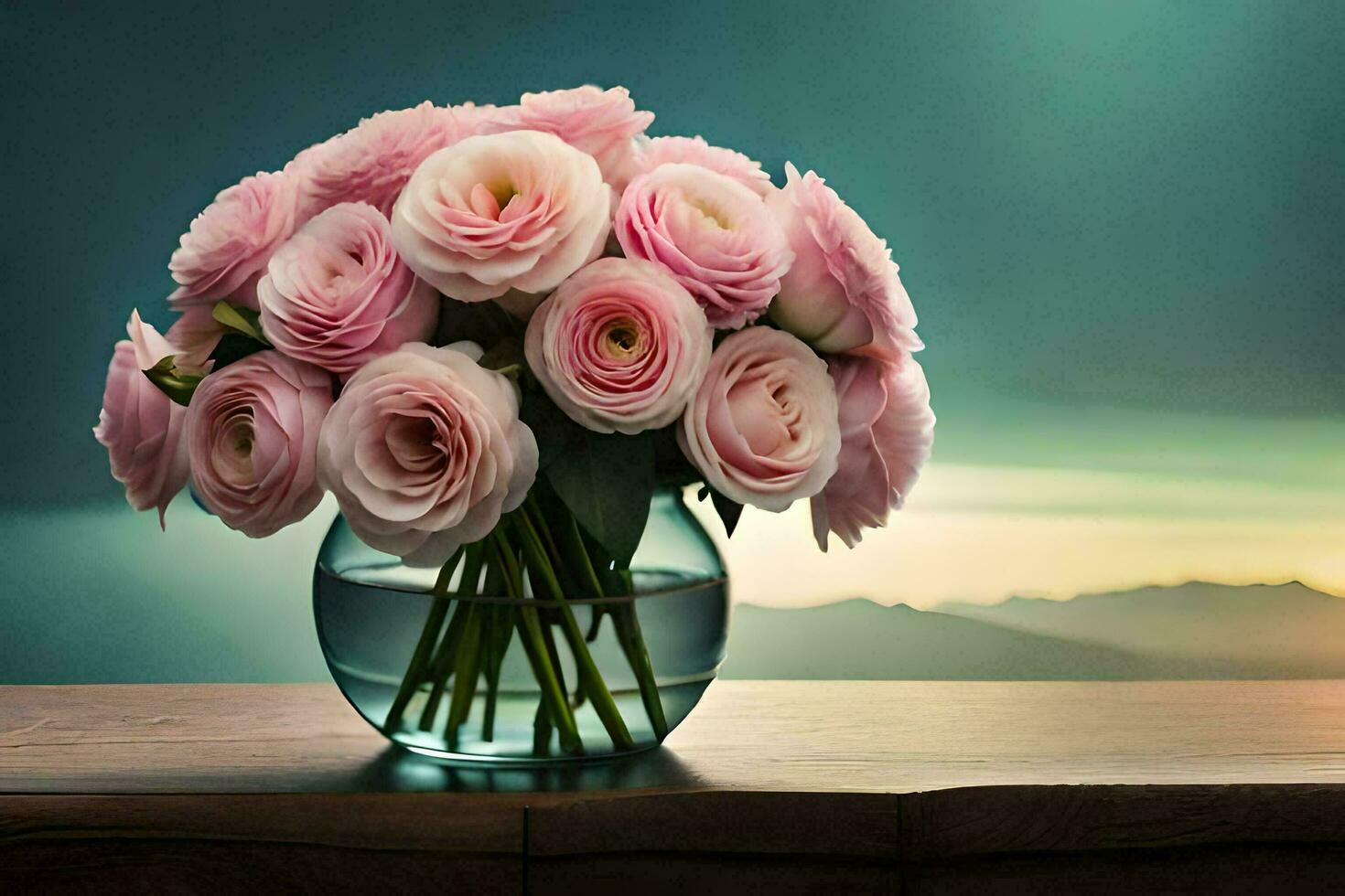 pink roses in a vase on a table. AI-Generated photo