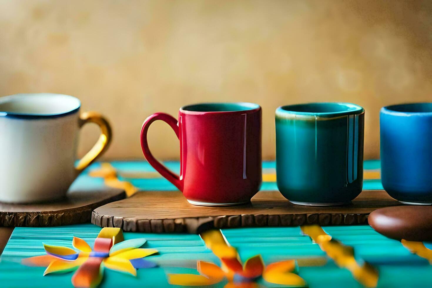 colorful coffee cups on a wooden tray. AI-Generated photo