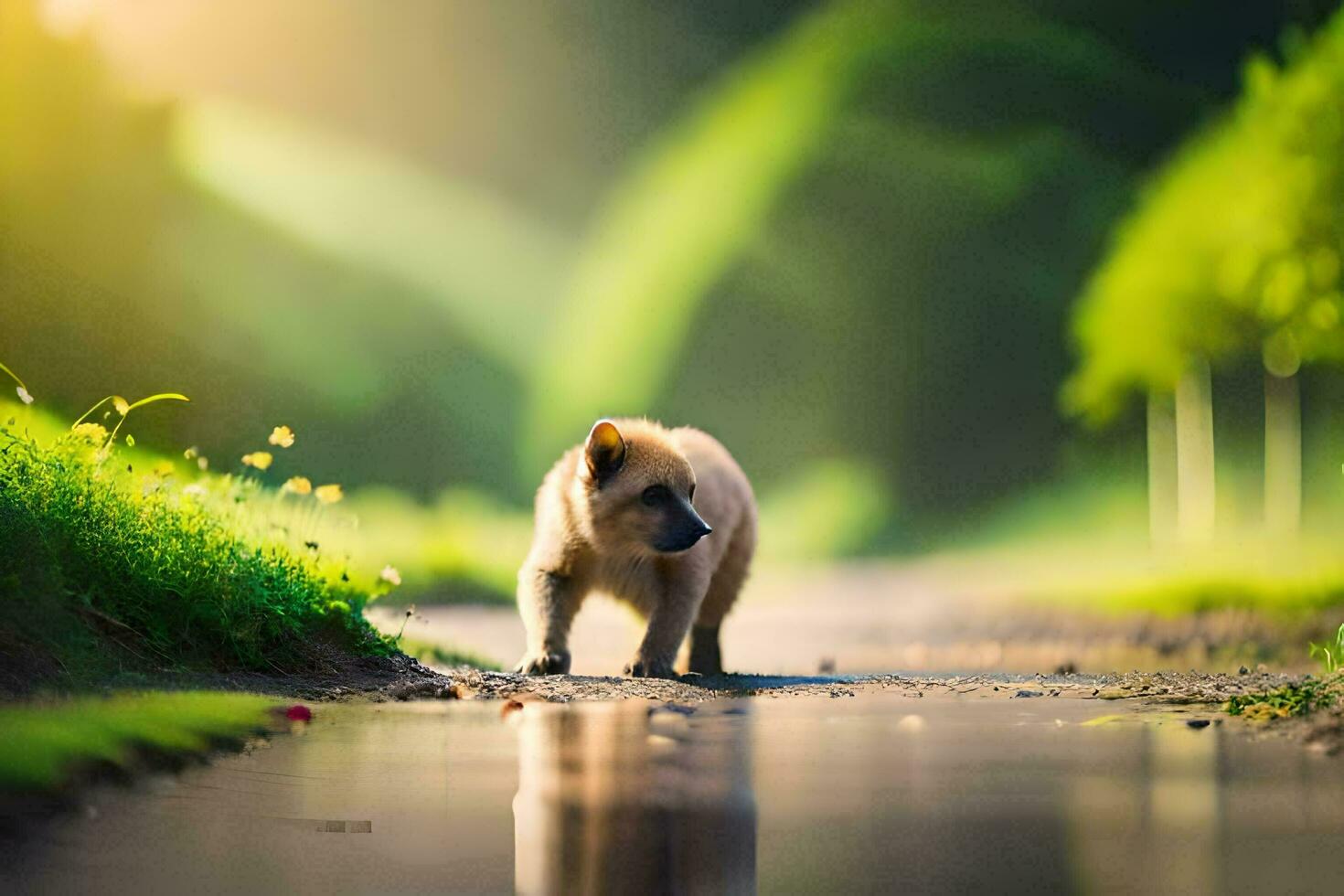 un pequeño perro caminando a lo largo un camino en el césped. generado por ai foto