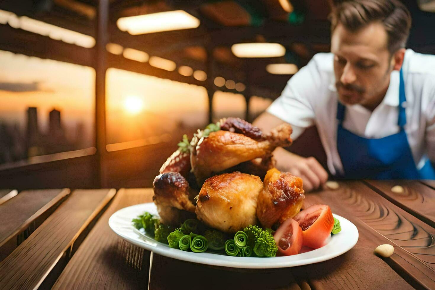 a man in an apron is looking at a chicken on a plate. AI-Generated photo