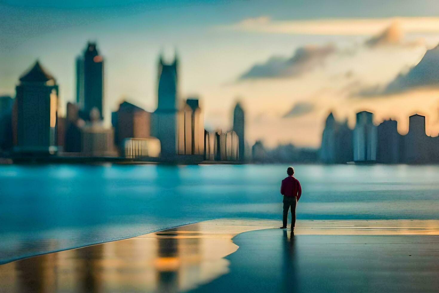 a man stands on the beach looking at the city. AI-Generated photo