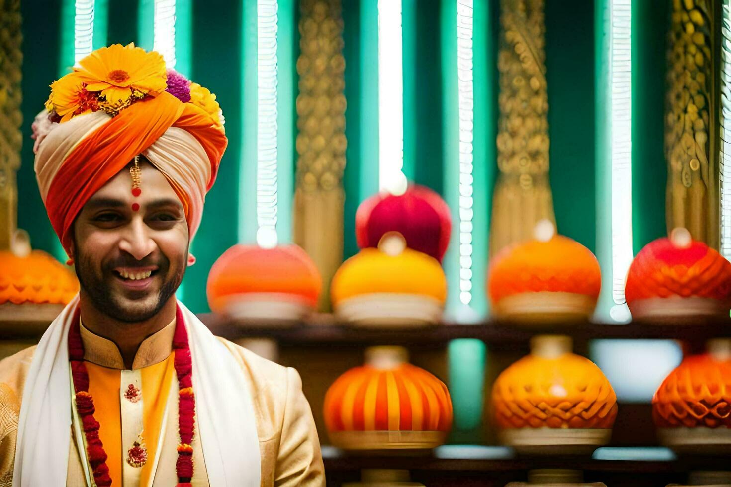 a man in a turban and a colorful headpiece. AI-Generated photo