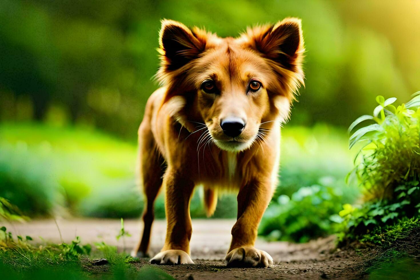 a brown dog is walking on a path in the grass. AI-Generated photo