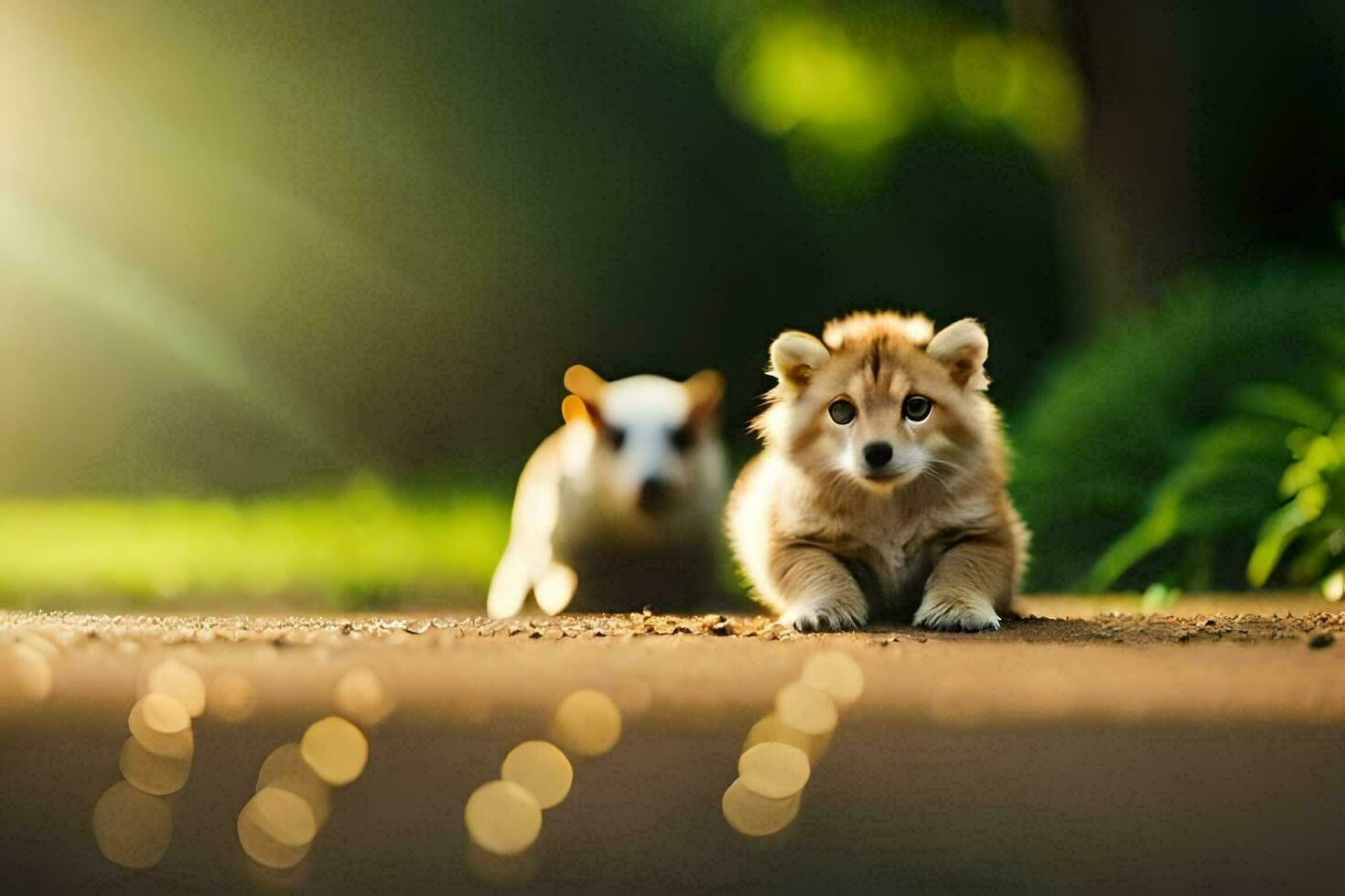 two puppies are walking on the road in the sunlight. AI-Generated photo