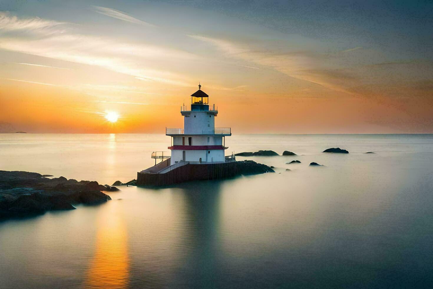 a lighthouse sits on the rocks at sunset. AI-Generated photo
