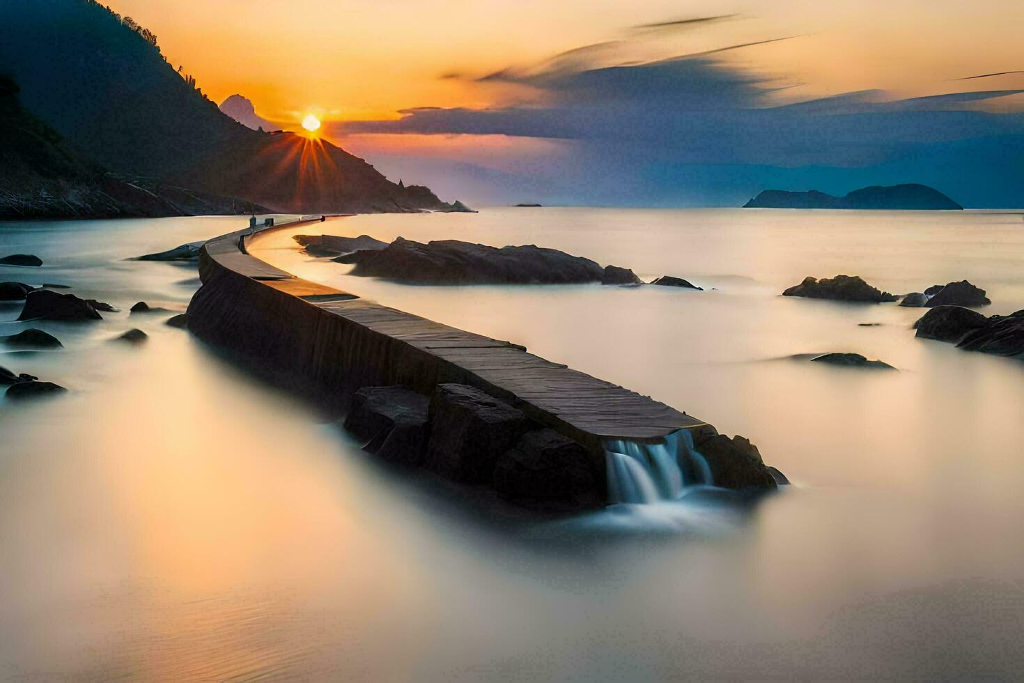 a long exposure photograph of a wooden pier in the ocean. AI-Generated photo
