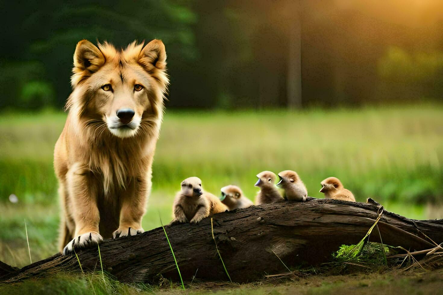 a lion and his cubs standing on a log. AI-Generated photo