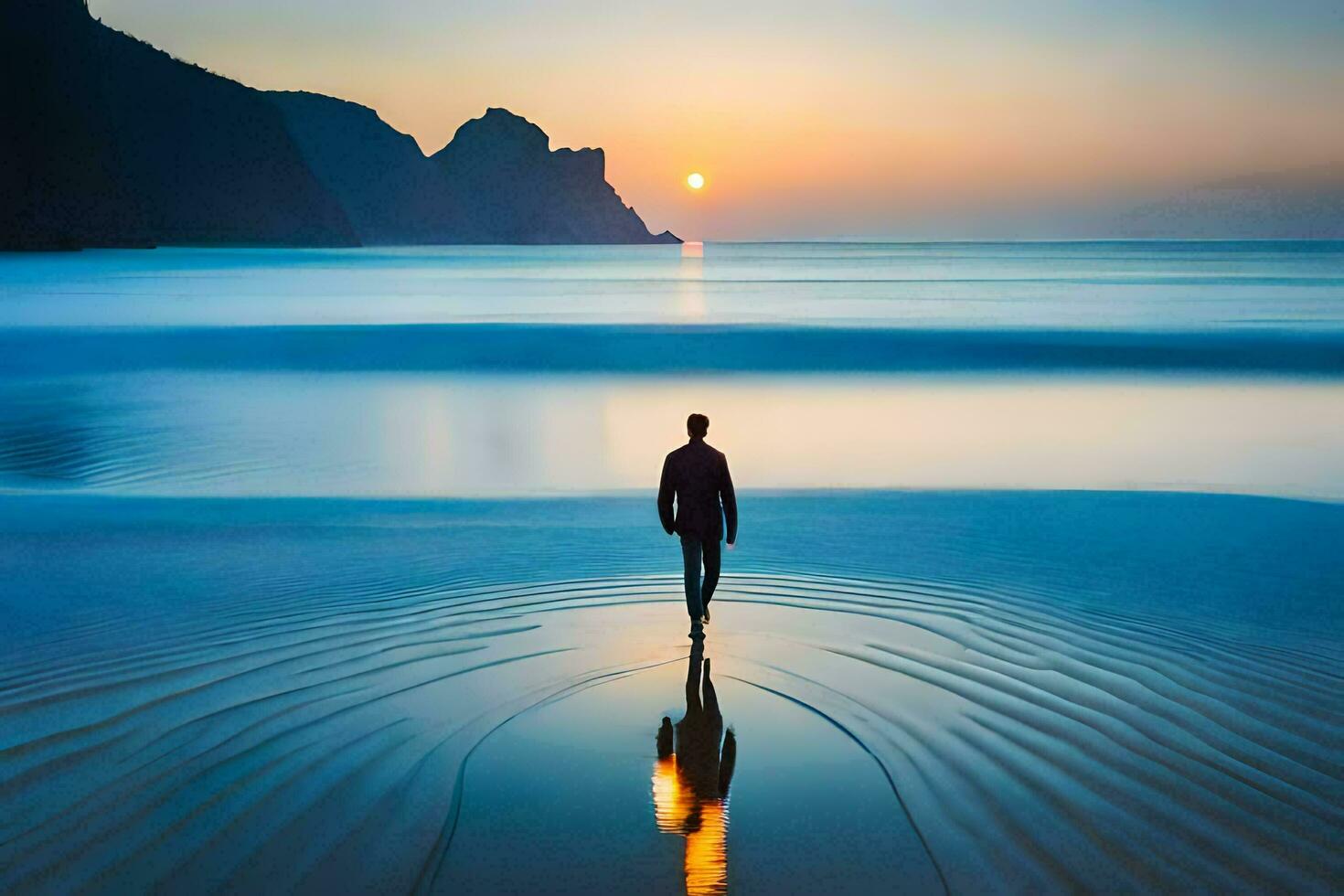 a man walking on the beach at sunset. AI-Generated photo