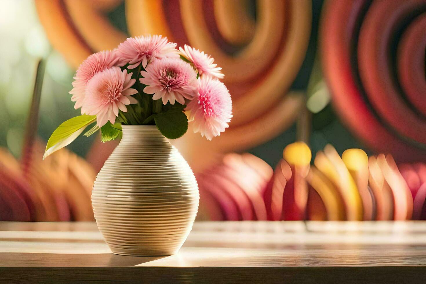 a vase with pink flowers sitting on a table. AI-Generated photo