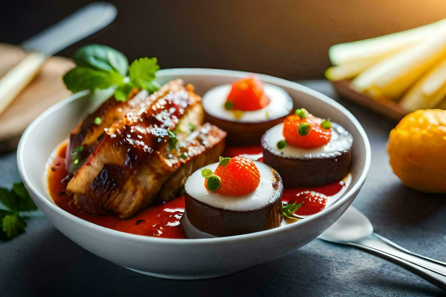 a bowl of food with meat, vegetables and fruit. AI-Generated photo
