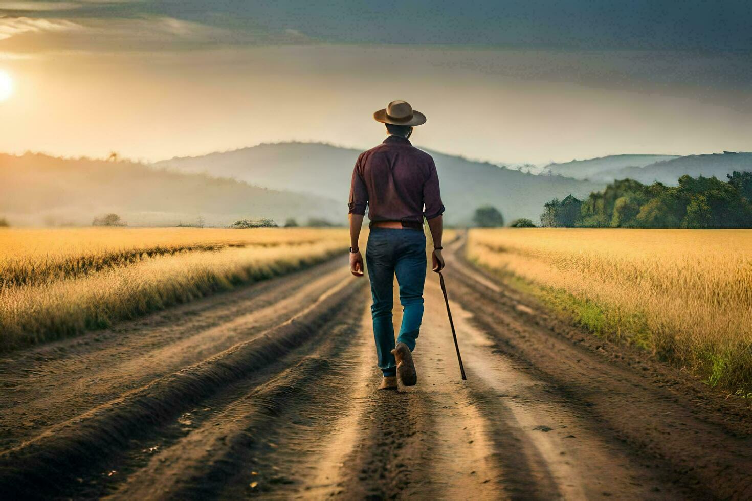 un hombre caminando en un suciedad la carretera con un caña. generado por ai foto