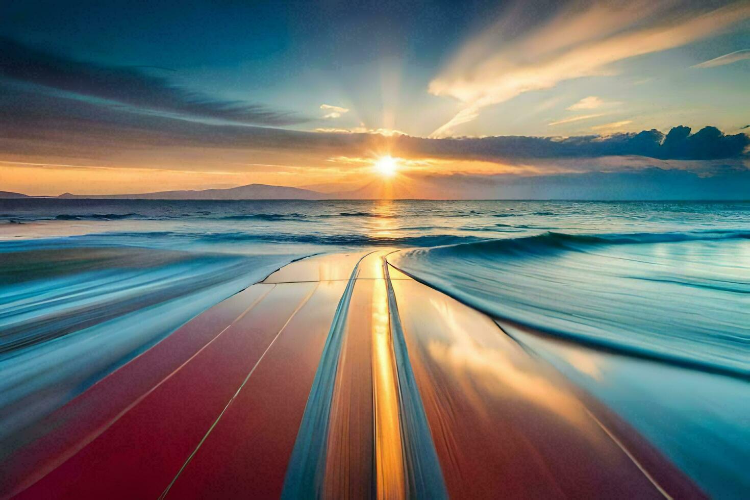 un largo exposición fotografía de un tabla de surf en el océano. generado por ai foto