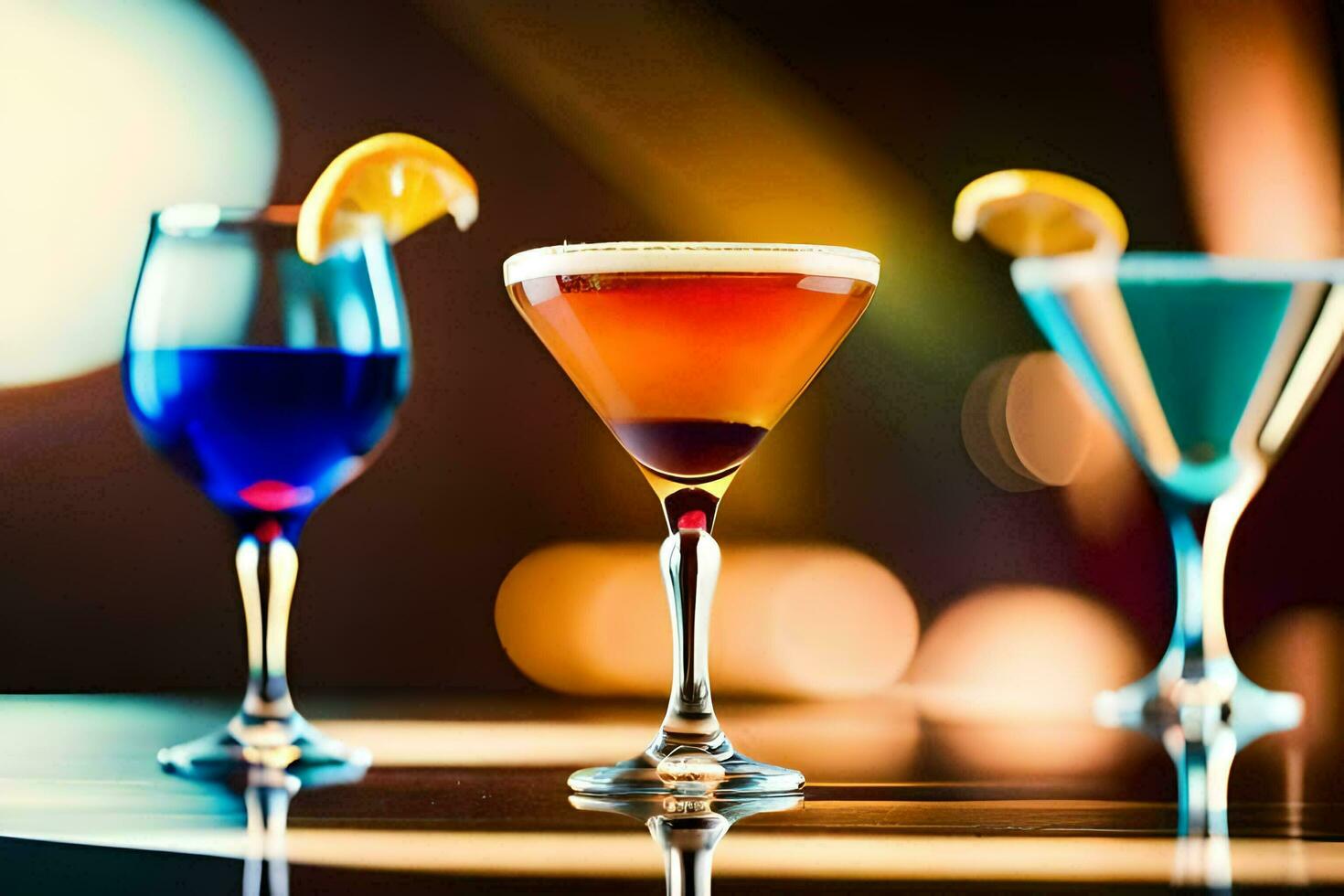 three different colored cocktails sit on a table. AI-Generated photo