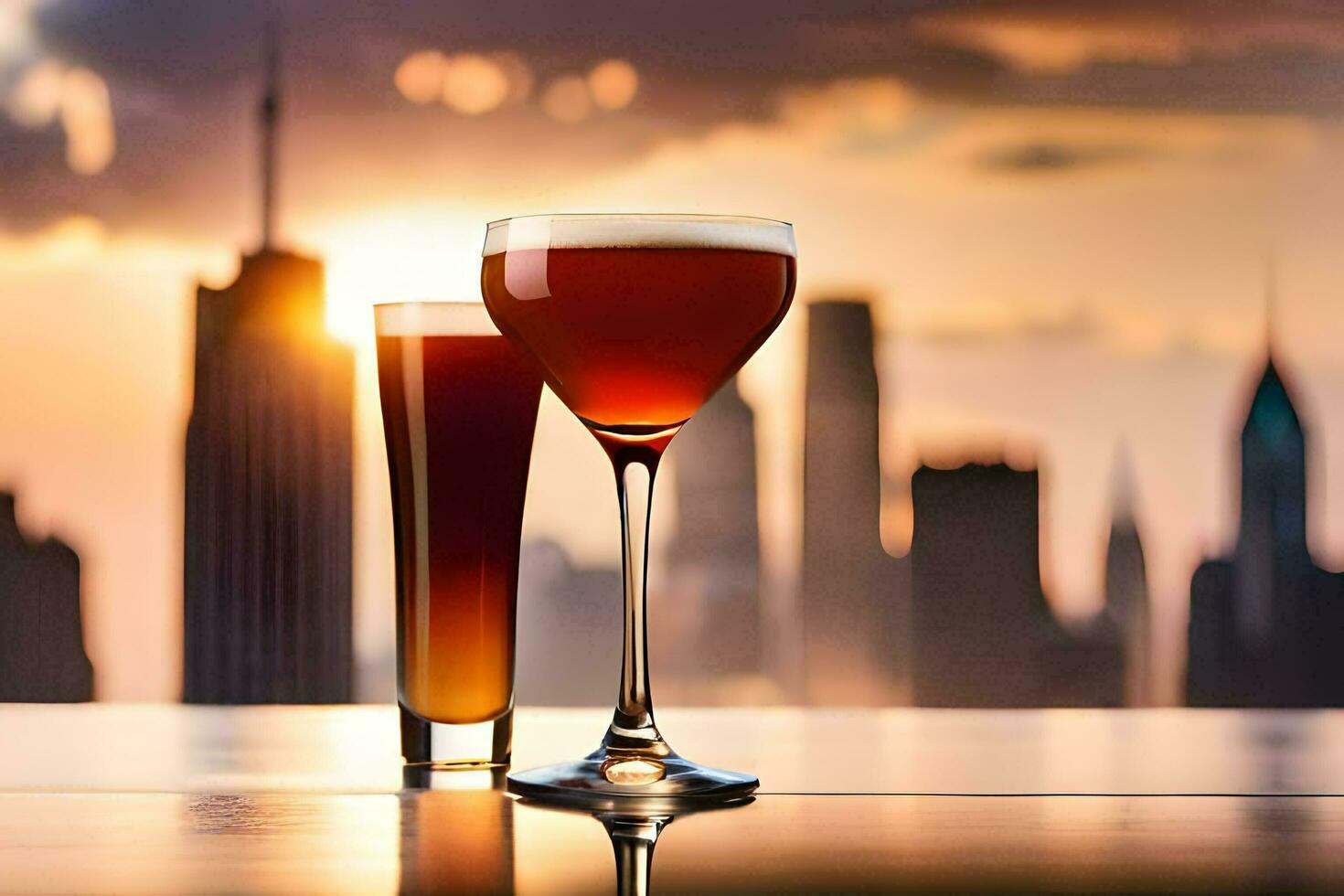 two glasses of wine with a view of the city skyline. AI-Generated photo