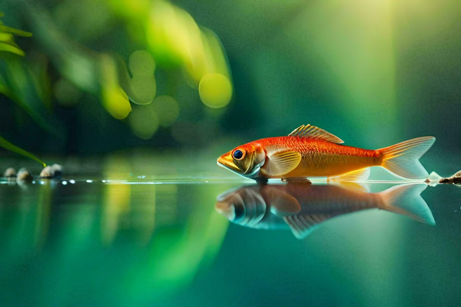 un pescado es en pie en el agua con un verde antecedentes. generado por ai foto