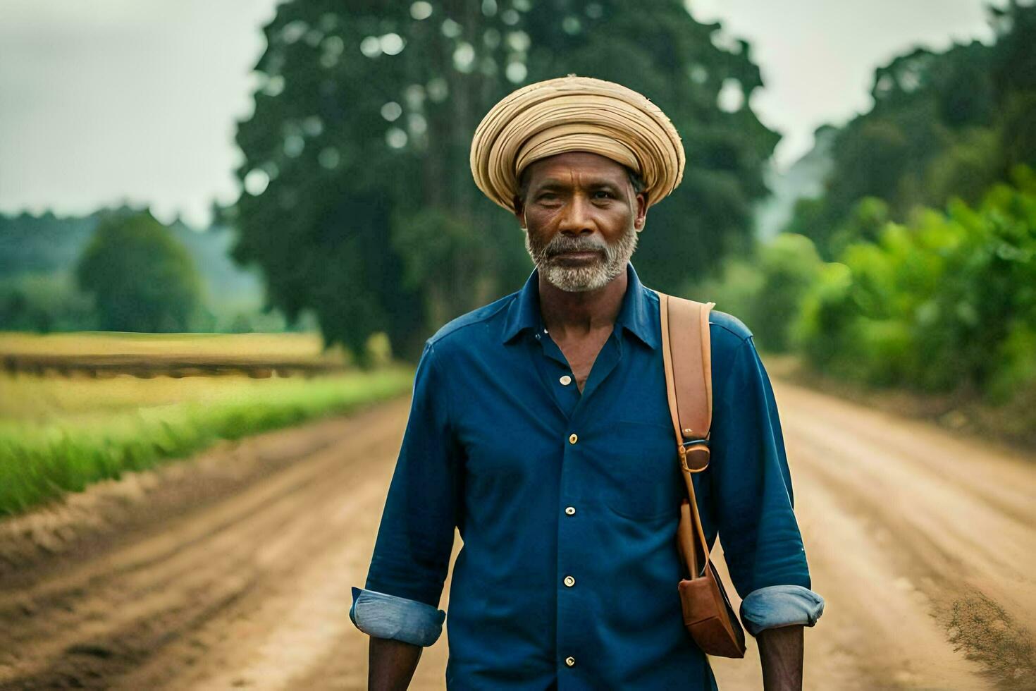 un hombre en un turbante caminando abajo un suciedad la carretera. generado por ai foto