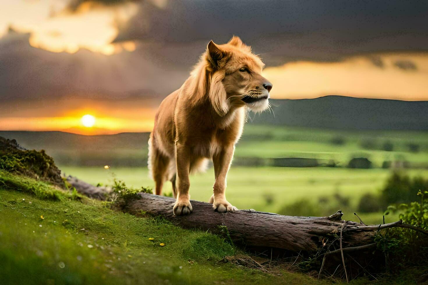 un león en pie en un Iniciar sesión en el medio de un campo. generado por ai foto