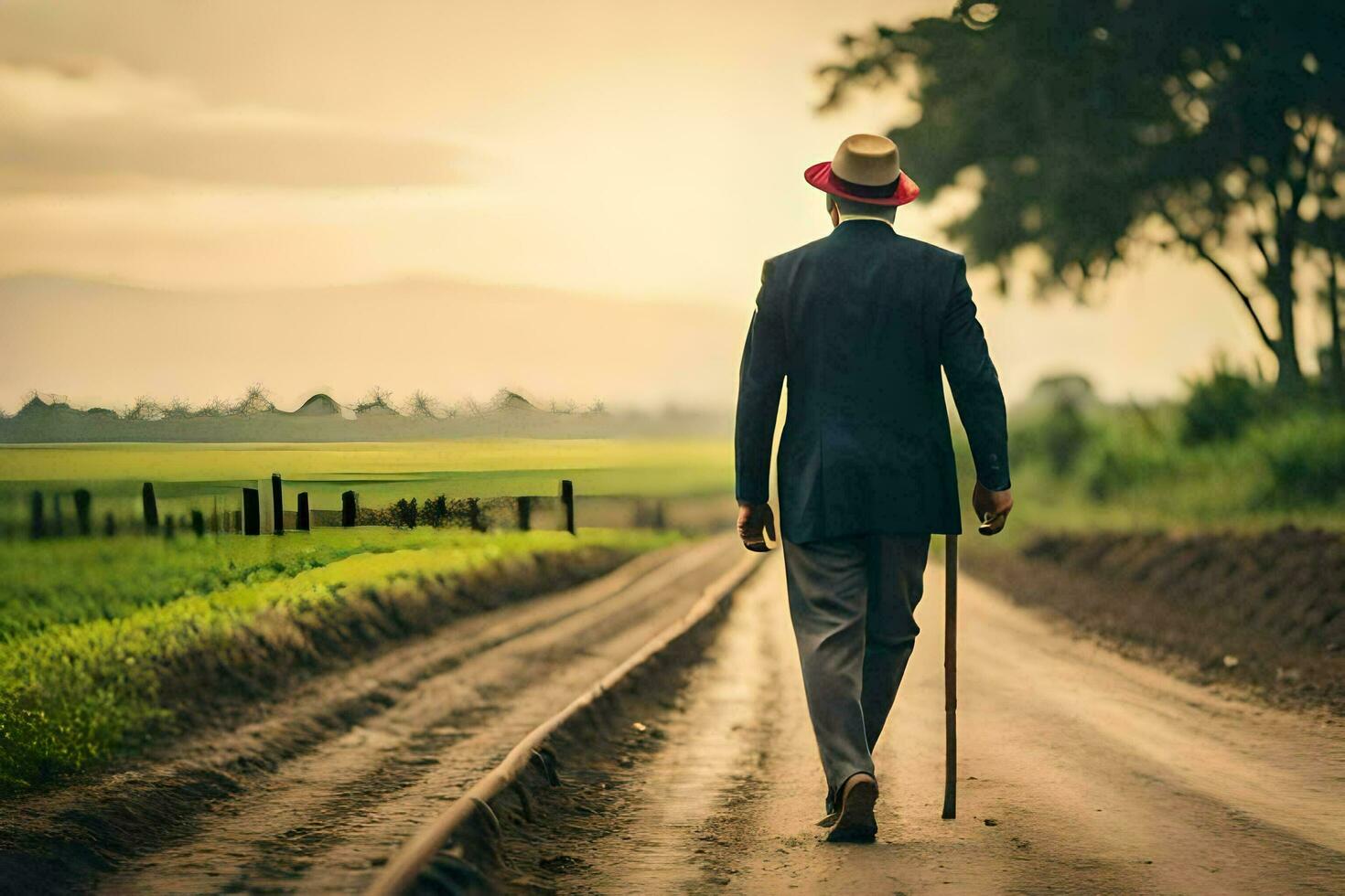 a man in a suit and hat walking down a dirt road. AI-Generated photo