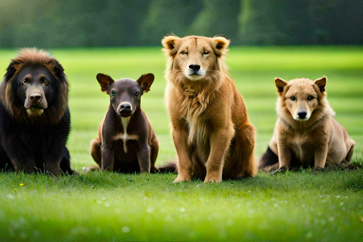 four dogs and a lion sitting on the grass. AI-Generated photo