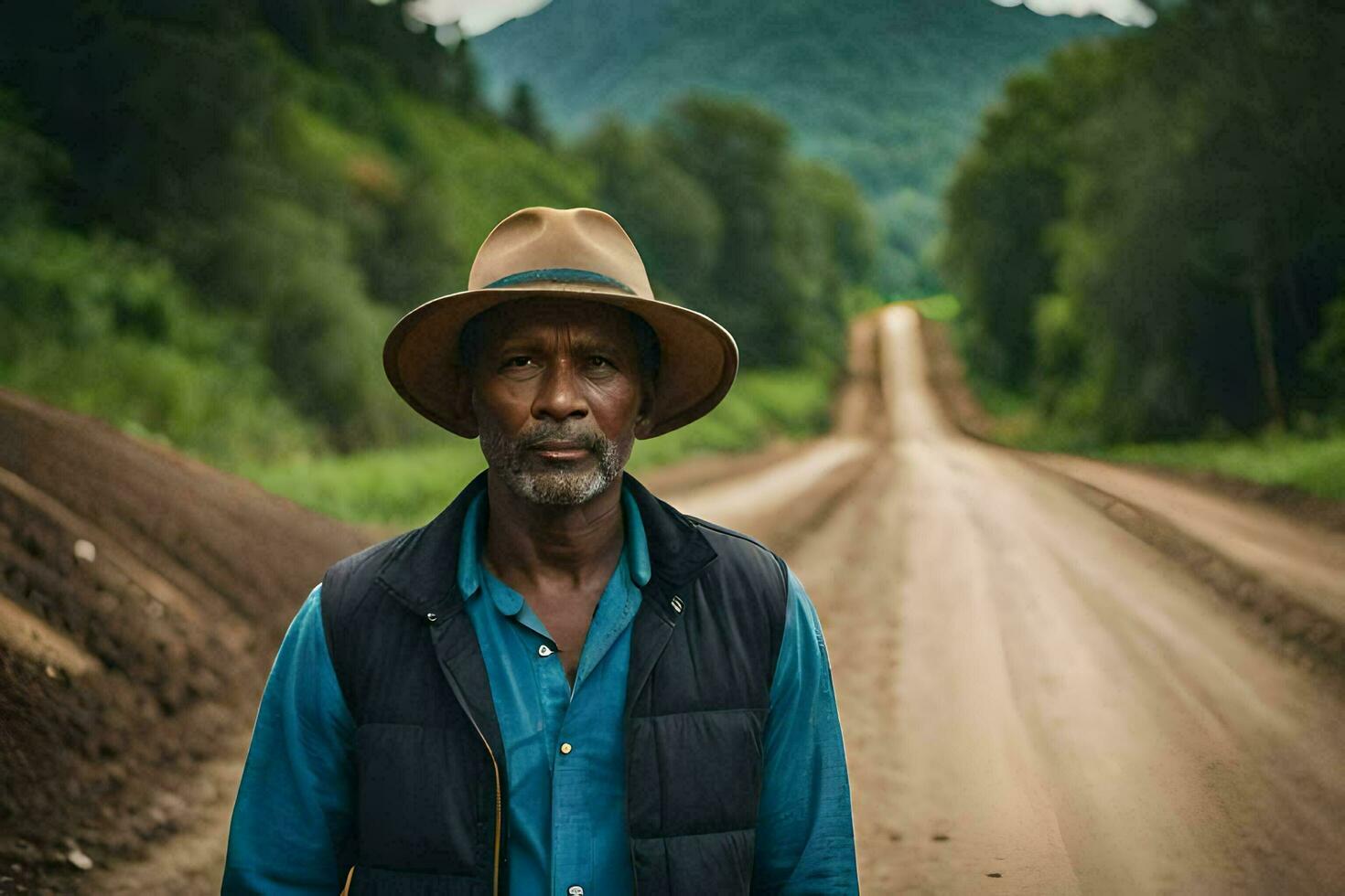 a man in a hat standing on a dirt road. AI-Generated photo