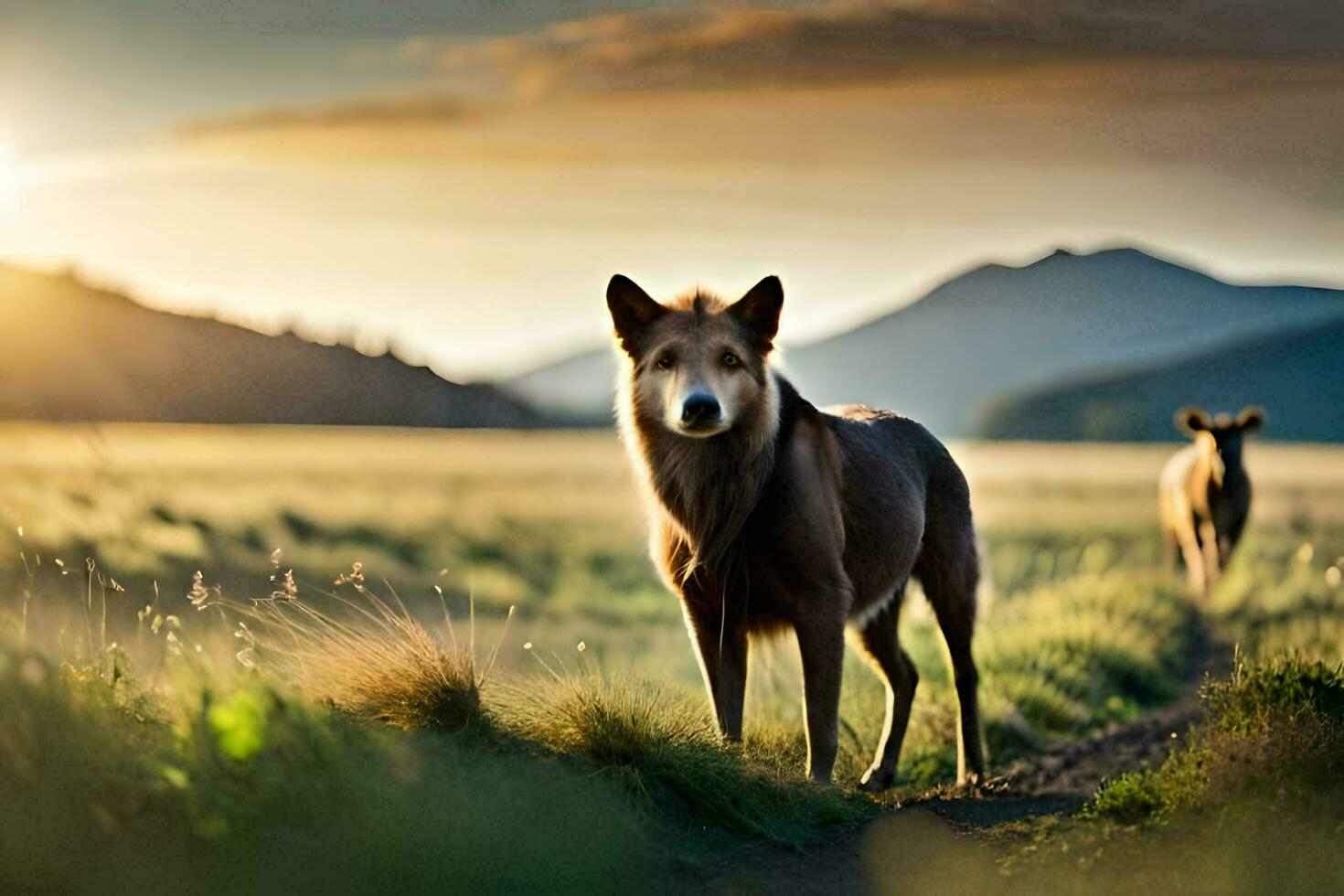 un lobo y un ciervo son en pie en el césped. generado por ai foto