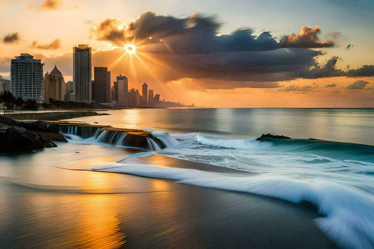 the sun sets over the ocean and city skyline. AI-Generated photo