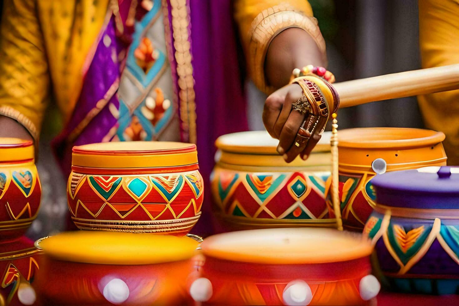 a woman is playing drums with colorful pots. AI-Generated photo