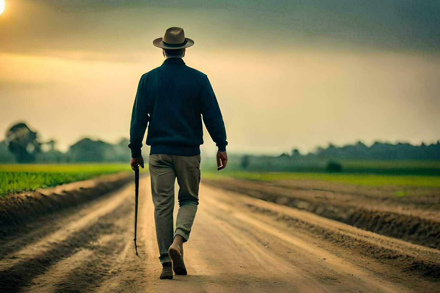 un hombre caminando abajo un suciedad la carretera con un caña. generado por ai foto