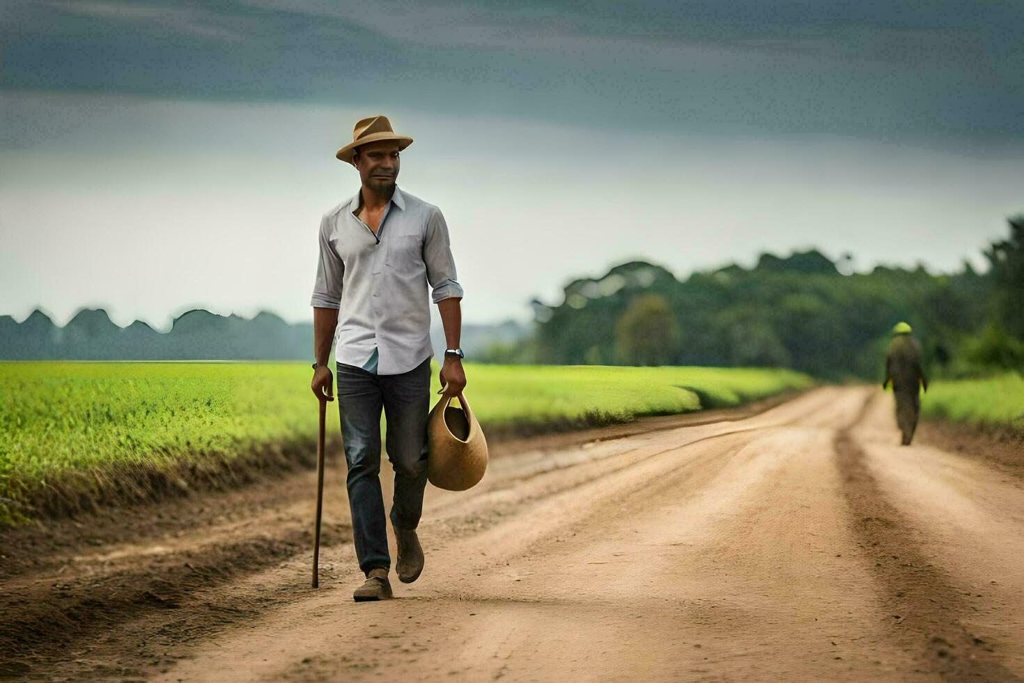 a man walking down a dirt road with a hat and cane. AI-Generated photo