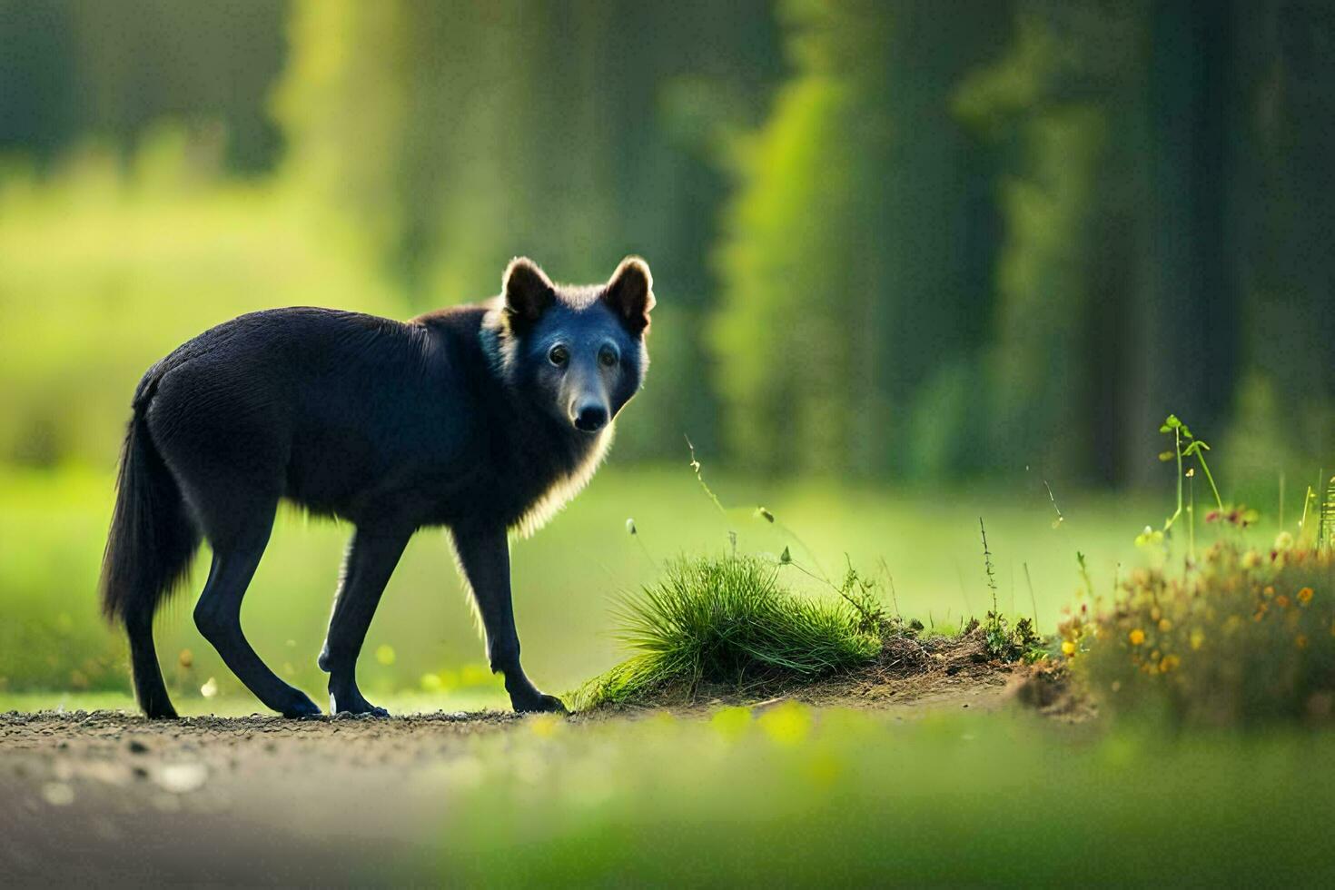 un negro lobo es en pie en un suciedad la carretera. generado por ai foto