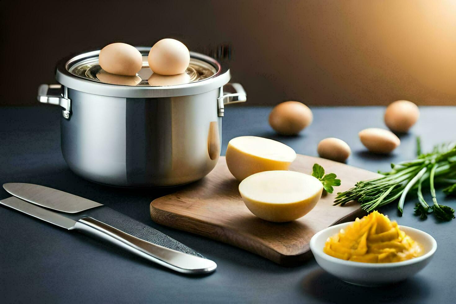 eggs in a pot, a knife, and a cutting board. AI-Generated photo