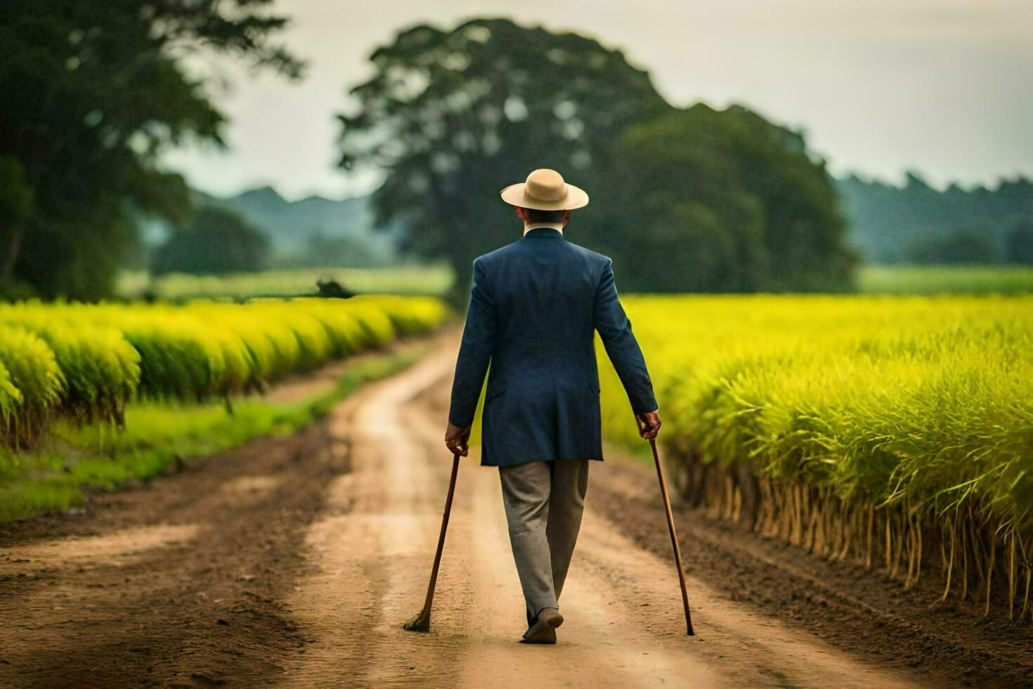 a man in a suit walks down a dirt road in a field. AI-Generated photo