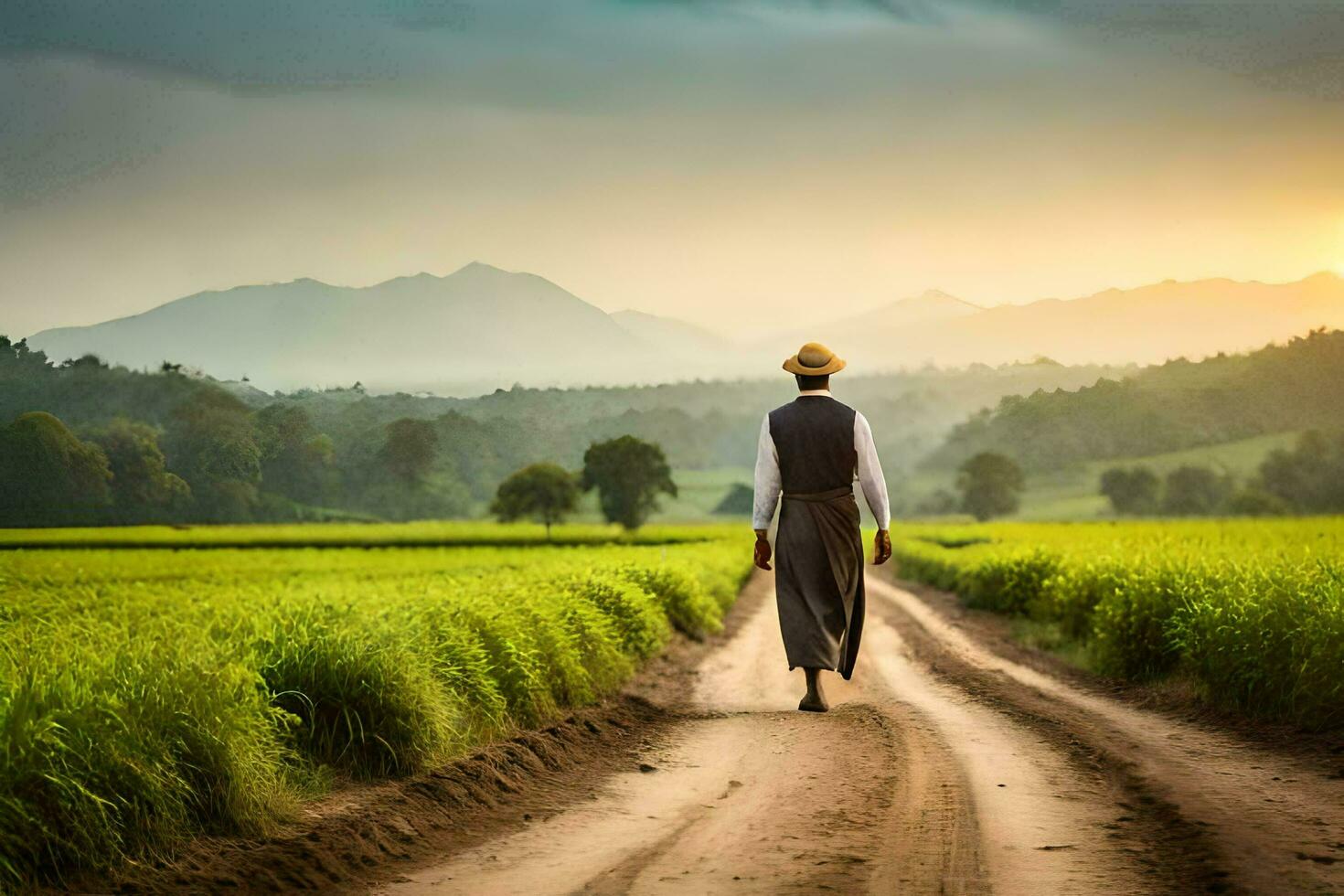 a man walking down a dirt road in a rice field. AI-Generated photo