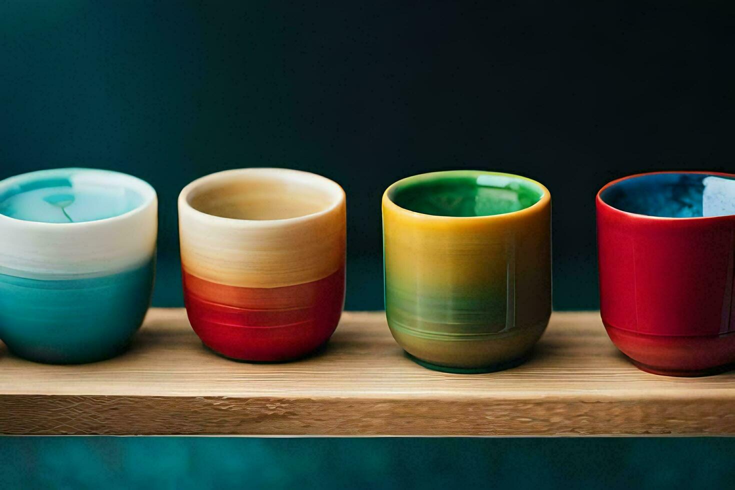 four colorful cups lined up on a wooden shelf. AI-Generated photo