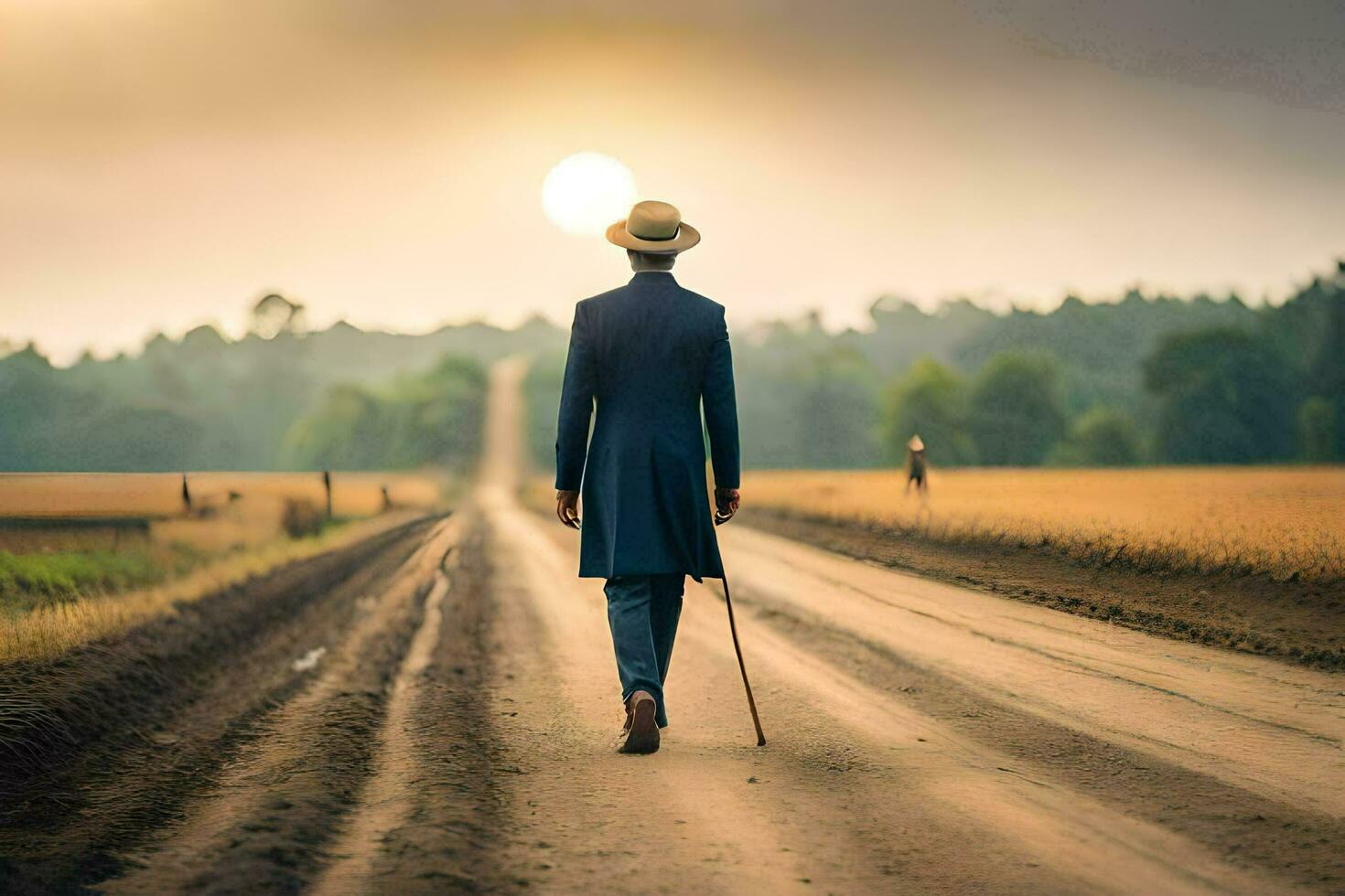 a man in a suit walks down a dirt road. AI-Generated photo