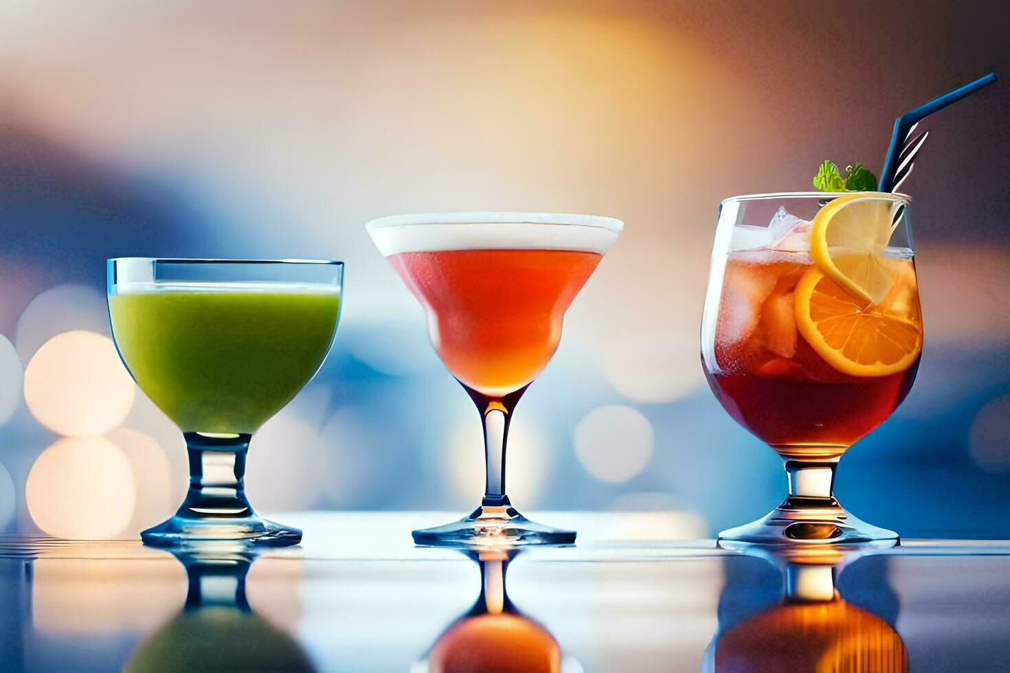 three different types of alcoholic drinks on a table. AI-Generated photo